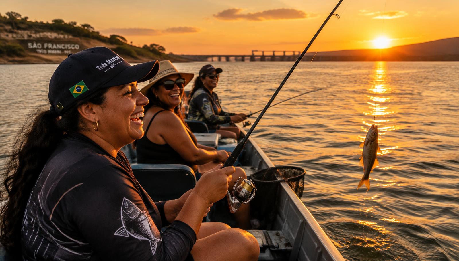 Mulheres pescando no Rio São Francisco ao pôr do sol